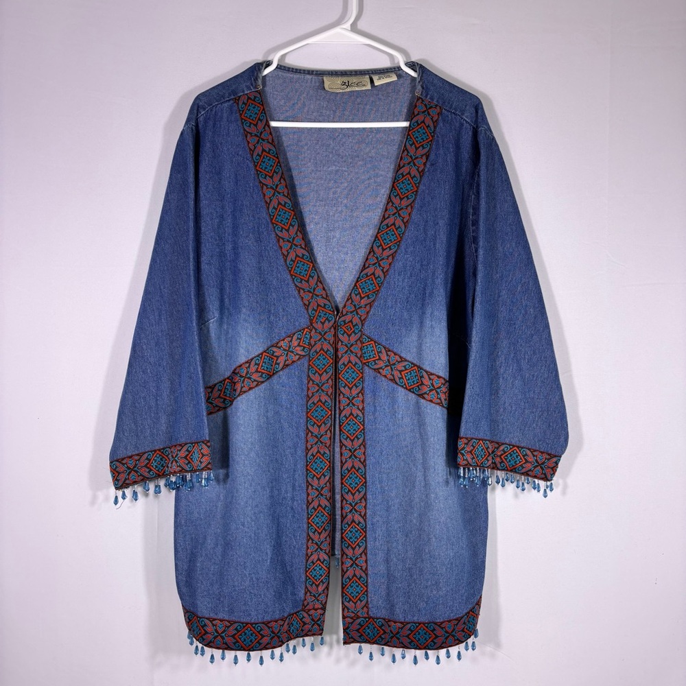Glee Denim Embroidered Open Front Kimono with Jeweled Details Size 2XL